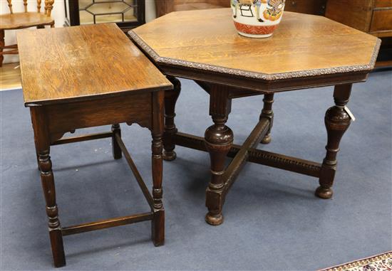 A carved oak octagonal centre table and an oak side table, W.94cm, W.92cm